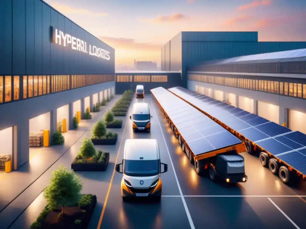 Centro logístico sostenible en la ciudad: vehículos eléctricos, paneles solares y operarios eco-friendly Un centro logístico urbano bullicioso con vehículos eléctricos, trabajadores descargando carga y paneles solares en los techos