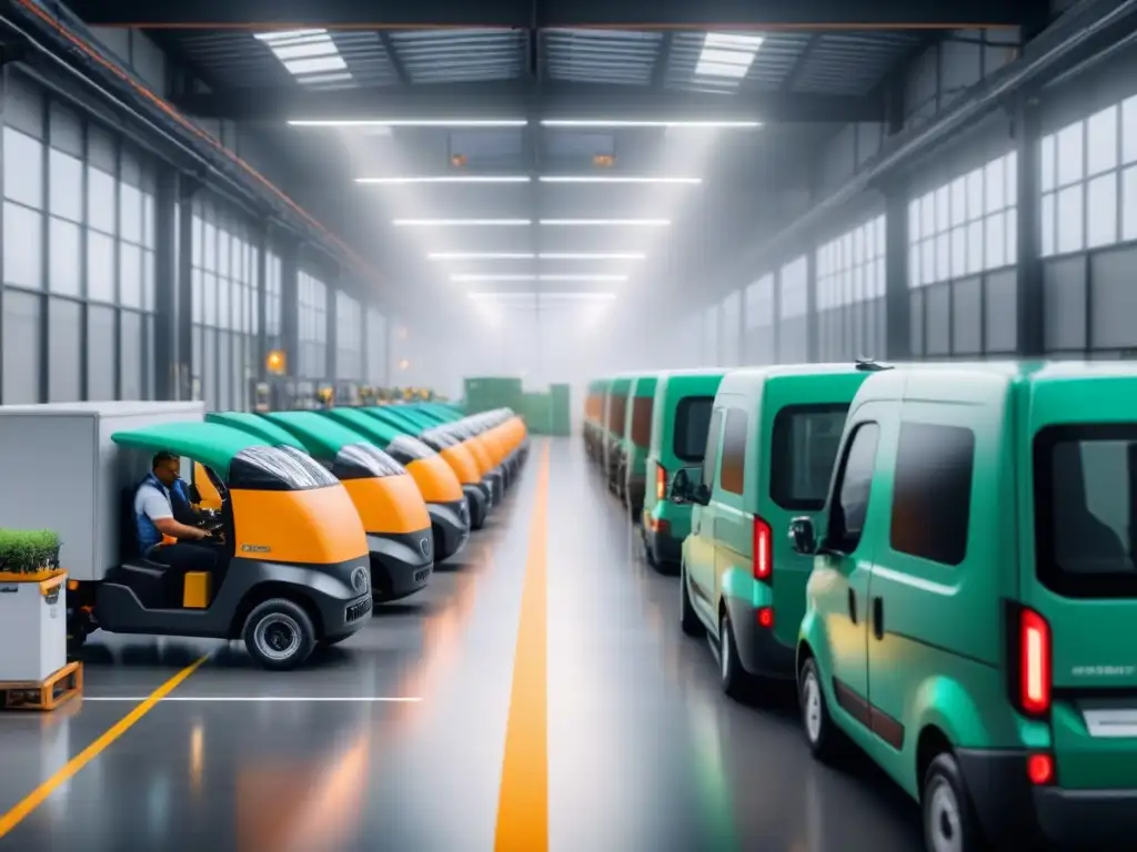 Centro logístico urbano sostenible: eficiencia y tecnología Un centro logístico urbano bullicioso con vehículos eléctricos, muelles ocupados y drones coordinando entregas