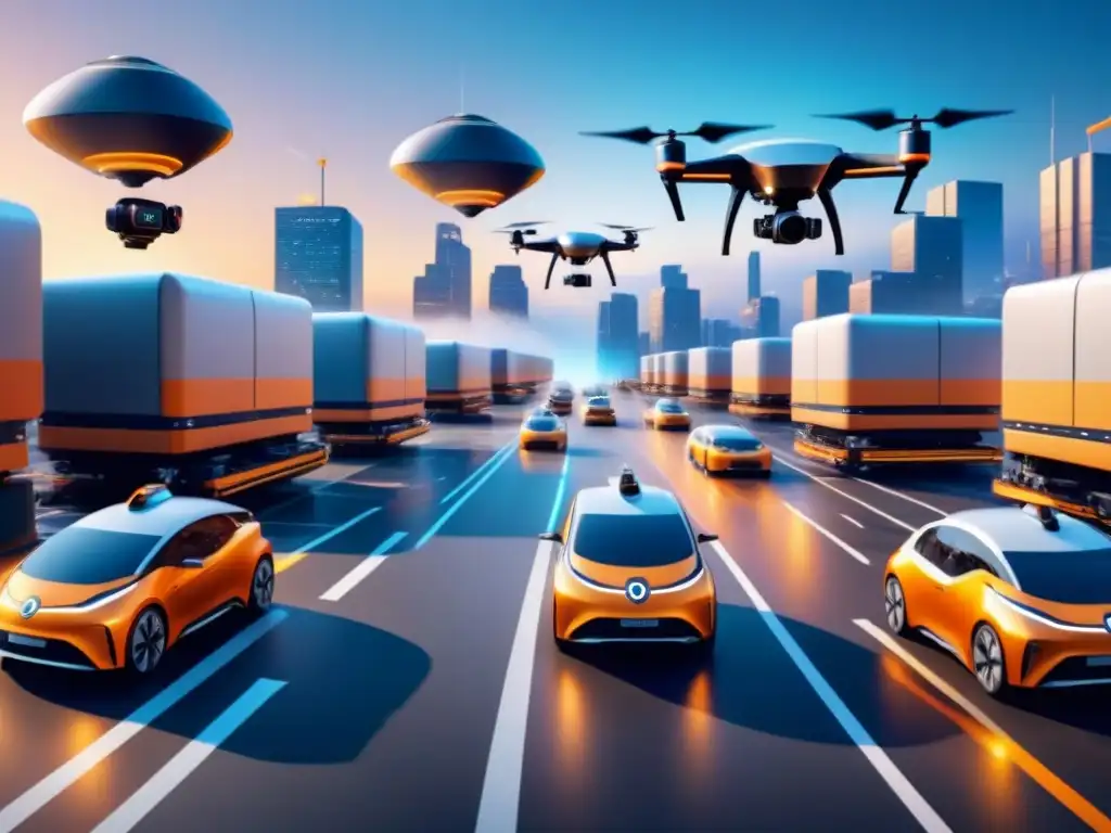 Logística 5G: Drones y vehículos autónomos en acción Un centro logístico urbano con drones y vehículos autónomos, conectados por tecnología 5G