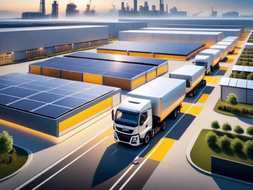 Centro logístico sostenible: eficiencia con entrega eléctrica Un centro logístico urbano con flota de camiones eléctricos, paneles solares y centro de control digital