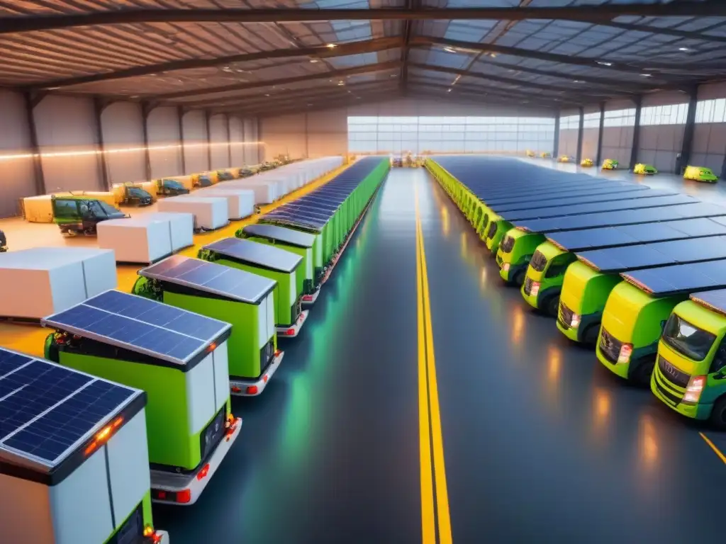 Centro logístico urbano sostenible con vehículos eléctricos Un centro logístico urbano con vehículos eléctricos en logística, trabajadores descargando paquetes y paneles solares