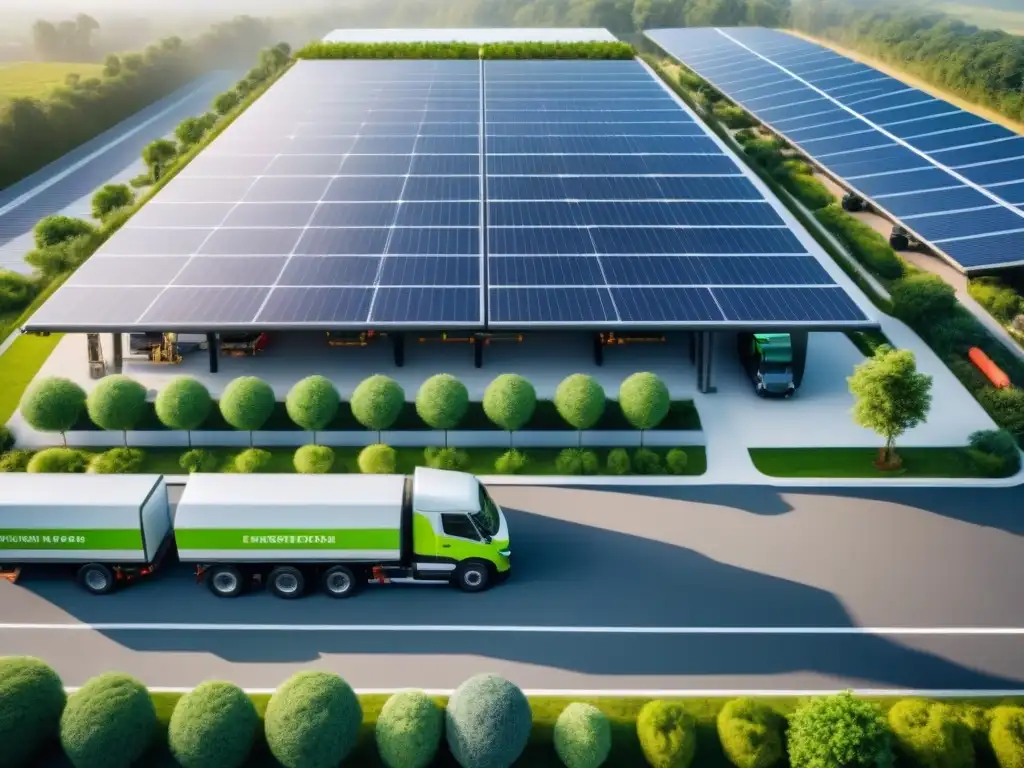 Centro logístico eco-friendly: eficiencia verde y tecnológica Centro logístico verde tecnológico eficiente: camiones eléctricos, paneles solares y trabajadores en un entorno sostenible