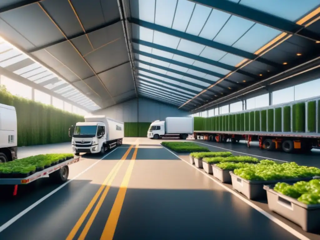 Centro logístico ecoamigable: eficiencia y sostenibilidad Un centro logístico verde con trabajadores clasificando paquetes bajo paneles solares, camiones eléctricos cargando y una pared verde