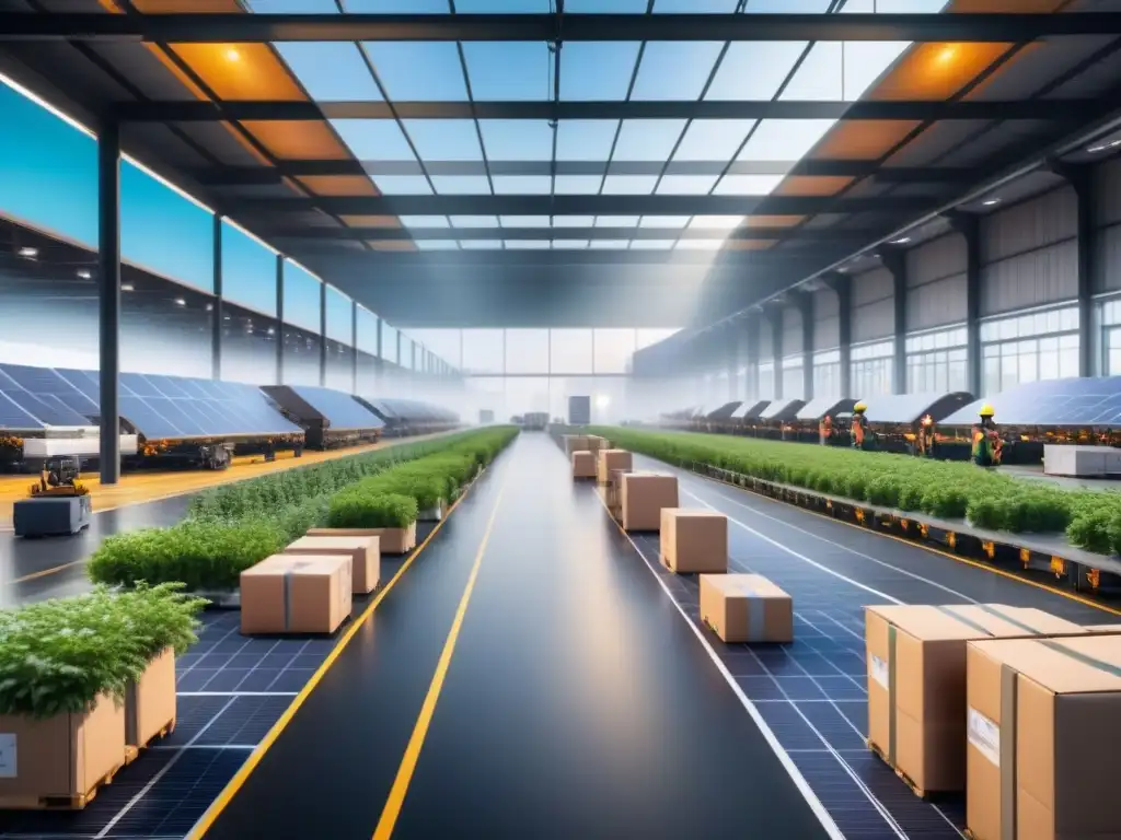 Centro logístico sostenible: eficiencia y tecnología en acción Un centro logístico vibrante con Big Data en logística sostenible: camiones, trabajadores, computadoras interconectadas y paneles solares