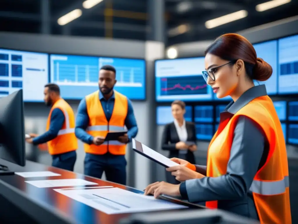 Centro logístico innovador: coordinación eficiente y colaborativa Un centro logístico vibrante con trabajadores cargando y descargando mercancías, mientras profesionales discuten planes bajo una pantalla digital