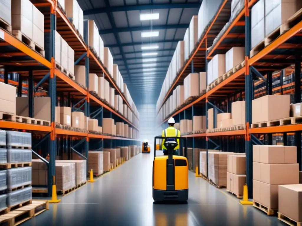 Un centro logístico vibrante con trabajadores en chalecos de seguridad y cascos, manejando montacargas para mover mercancía