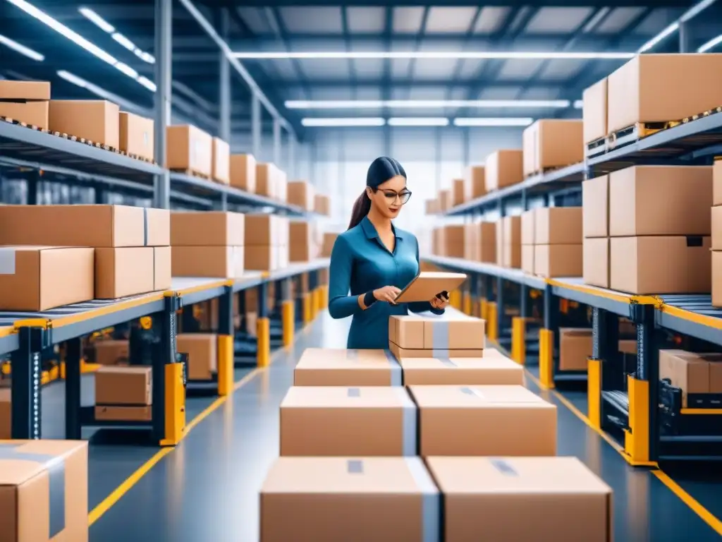 Centro logístico ultrarrápido: humanos y robots en acción Un centro de microfulfillment bullicioso con robots automatizados moviendo paquetes, trabajadores organizando pedidos y sistemas de alta tecnología gestionando inventario en un almacén moderno