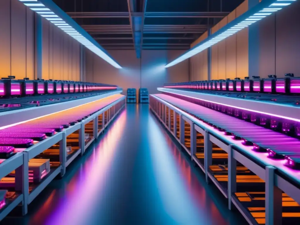 Centro de microfulfillment de vanguardia: robótica y tecnología futurista Un centro de Microfulfillment eficiente y tecnológico, con robots automatizados clasificando y empaquetando productos bajo luces neón futuristas