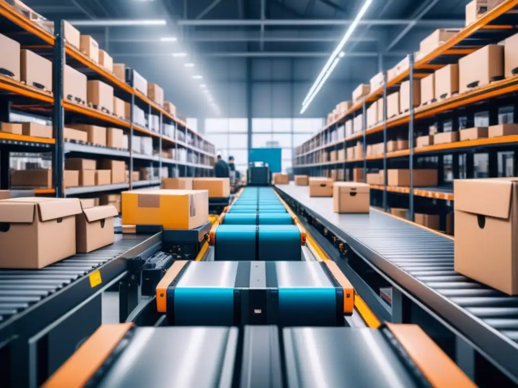 Centro de microfulfillment: Eficiencia y tecnología en ecommerce Un centro de microfulfillment en pleno movimiento con robots automatizados y trabajadores organizando inventario