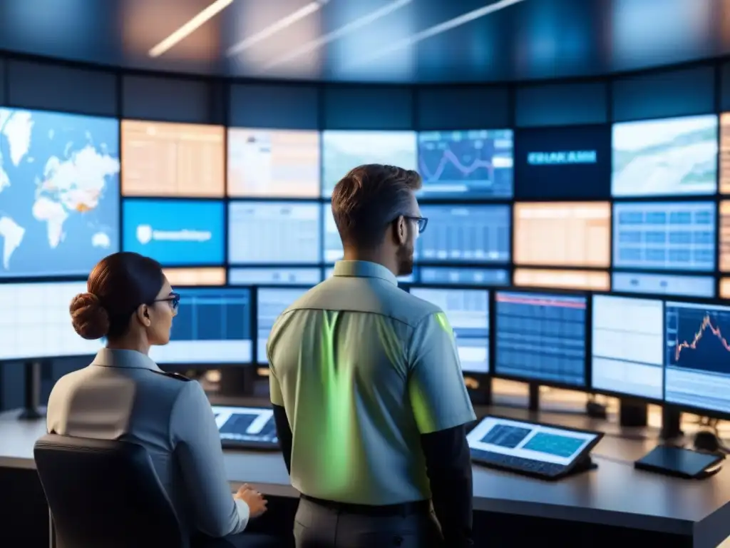 Centro de Operaciones de Red: Monitoreo de Telemetría en Tiempo Real Un centro de operaciones con técnicos monitoreando datos de telemetría en gestión de vehículos en pantallas iluminadas
