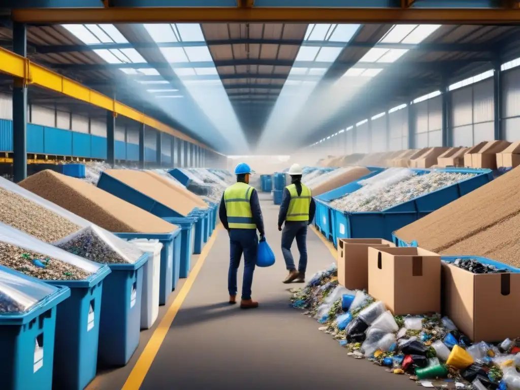 Centro de reciclaje: eficiencia y sostenibilidad en acción Un centro de reciclaje bullicioso, con trabajadores clasificando desechos
