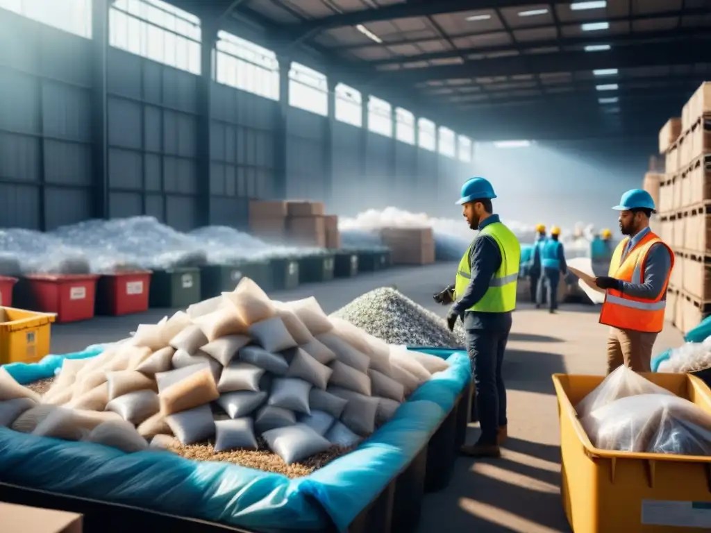 Centro de reciclaje: trabajadores ordenando materiales bajo el sol Un centro de reciclaje bullicioso con trabajadores clasificando materiales reciclables bajo la luz solar