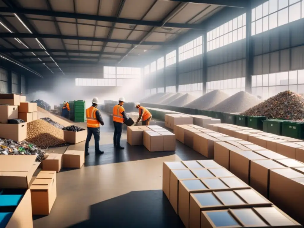 Centro de reciclaje: Eficiencia y sostenibilidad en logística inversa Un centro de reciclaje bullicioso con trabajadores clasificando materiales para optimización logística inversa sostenible