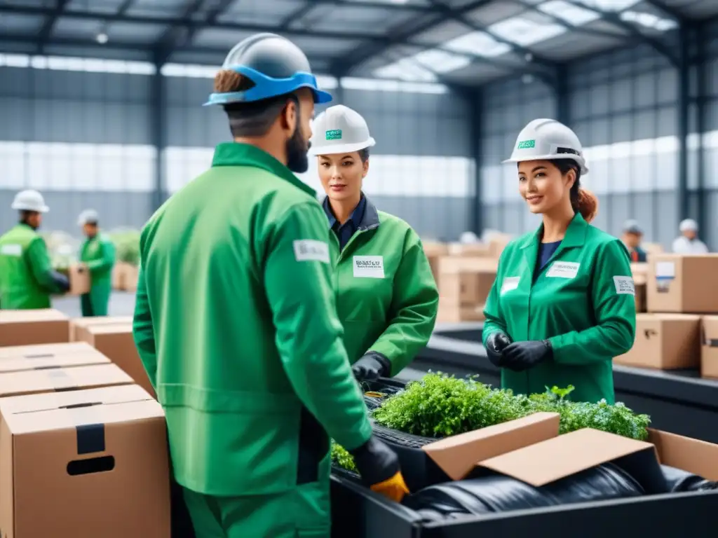 Centro de reciclaje moderno: trabajadores en acción Un centro de reciclaje bullicioso donde trabajadores clasifican desechos electrónicos y transportan materiales reciclables en un almacén lleno de plantas verdes y luz natural