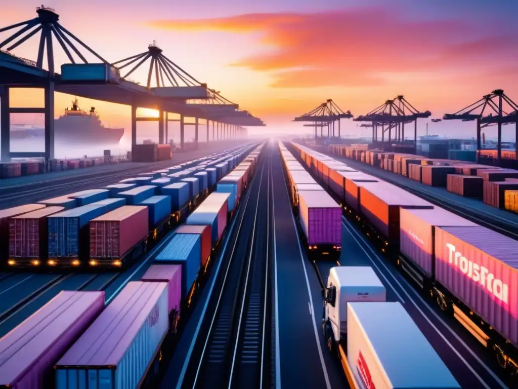 Hub de transporte multimodal al amanecer: eficiencia y conexión Un centro de transporte multimodal bullicioso al amanecer, con camiones, trenes y barcos de carga en movimiento