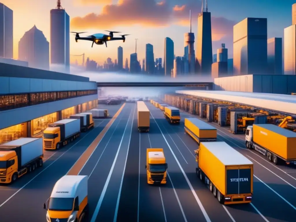 Centro logístico futurista: colaboración interindustrial Un centro de transporte bullicioso donde diversas industrias colaboran eficientemente gracias a soluciones tecnológicas