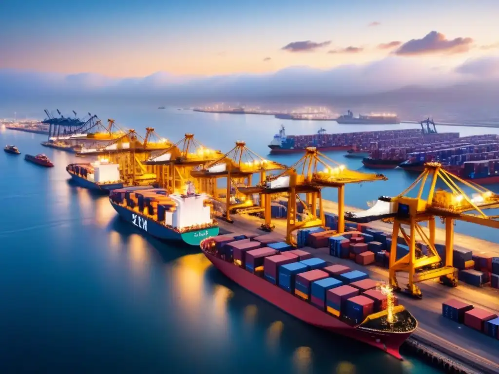 Puerto internacional en plena actividad al amanecer Certificaciones logística oportunidades globales: Puerto internacional bullicioso al amanecer, grúas cargando barcos y contenedores