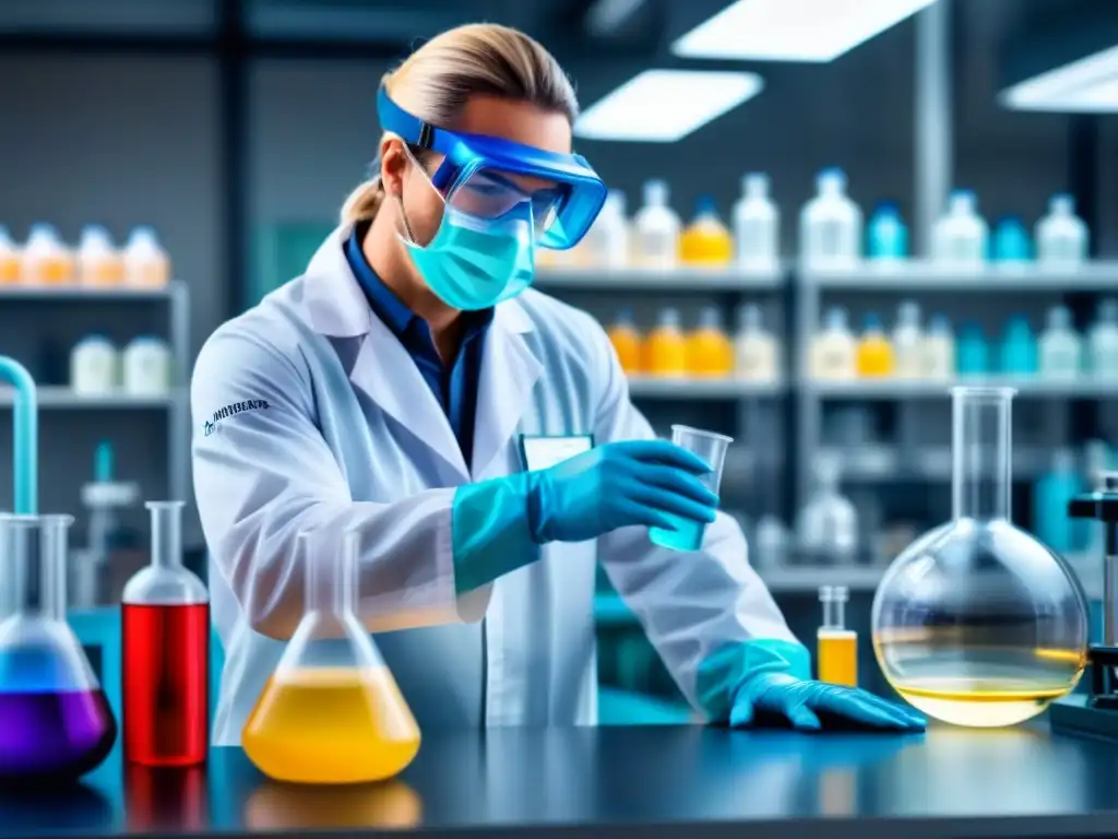 Scientífico manipulando líquido colorido en laboratorio Un científico maneja con cuidado un matraz con líquido colorido en un laboratorio, destacando la capacitación en manejo seguro de productos químicos
