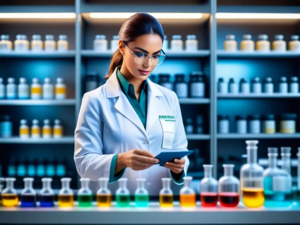 Scientist etiquetando muestras químicas con precisión en laboratorio Un científico etiquetando muestras químicas, rodeado de estantes llenos de productos de distintos tamaños