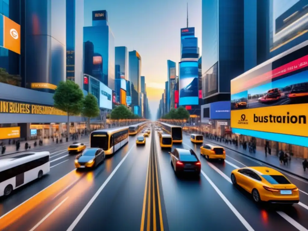 Vigilancia AI en la ciudad: tecnología innovadora protegiendo el tránsito Una ciudad bulliciosa con transporte variado y un sistema de Inteligencia Artificial de seguridad en acción