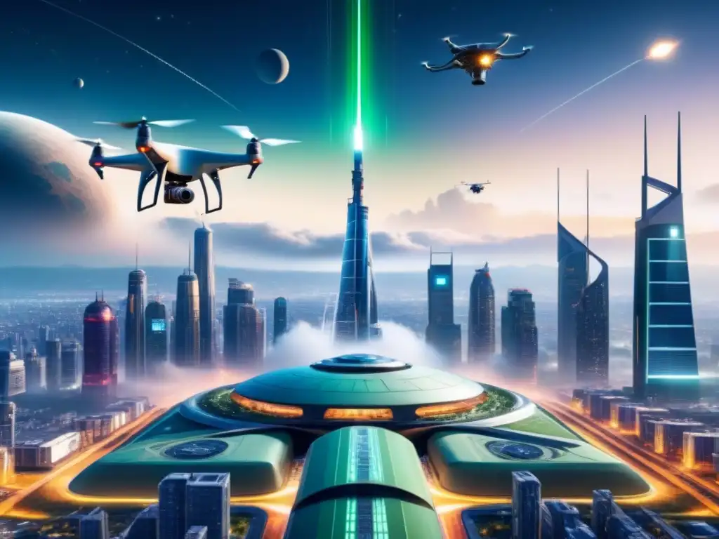 Metrópolis futurista con logística espacial avanzada Una ciudad futurista bulliciosa con avanzados puertos espaciales y naves aterrizando y despegando en un cielo estrellado, mostrando la integración de la logística espacial para entregas en la vida urbana