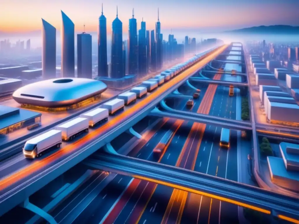 Metrópolis futurista: logística autónoma y eficiente Una ciudad futurista llena de innovación y eficiencia: camiones autónomos, drones, robots y una central de carga