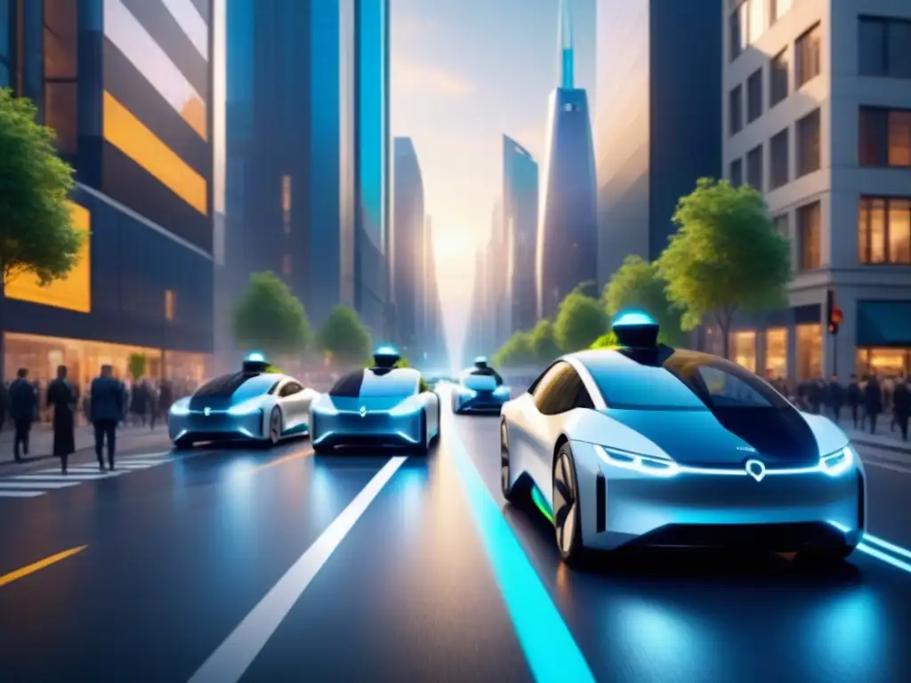 Vehículos eléctricos autónomos en la ciudad del futuro Una ciudad futurista llena de vehículos autónomos eléctricos eficiencia energética y tecnología avanzada, rodeada de vegetación y paneles solares
