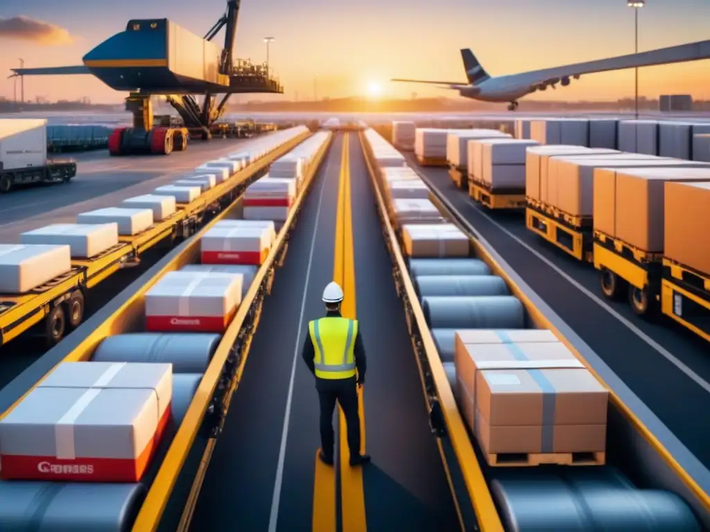 Centro logístico eficiente al amanecer: trabajadores organizan paquetes y cargan camiones en red de distribución Colaboraciones estratégicas en logística efficiente: Profesionales organizan paquetes en centro logístico al amanecer