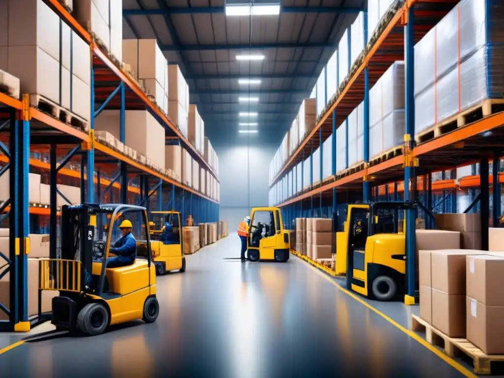 Almacén logístico: eficiencia y coordinación en acción Colaboraciones estratégicas en logística efficiente: Almacén bullicioso con trabajadores moviendo mercancías y operando montacargas
