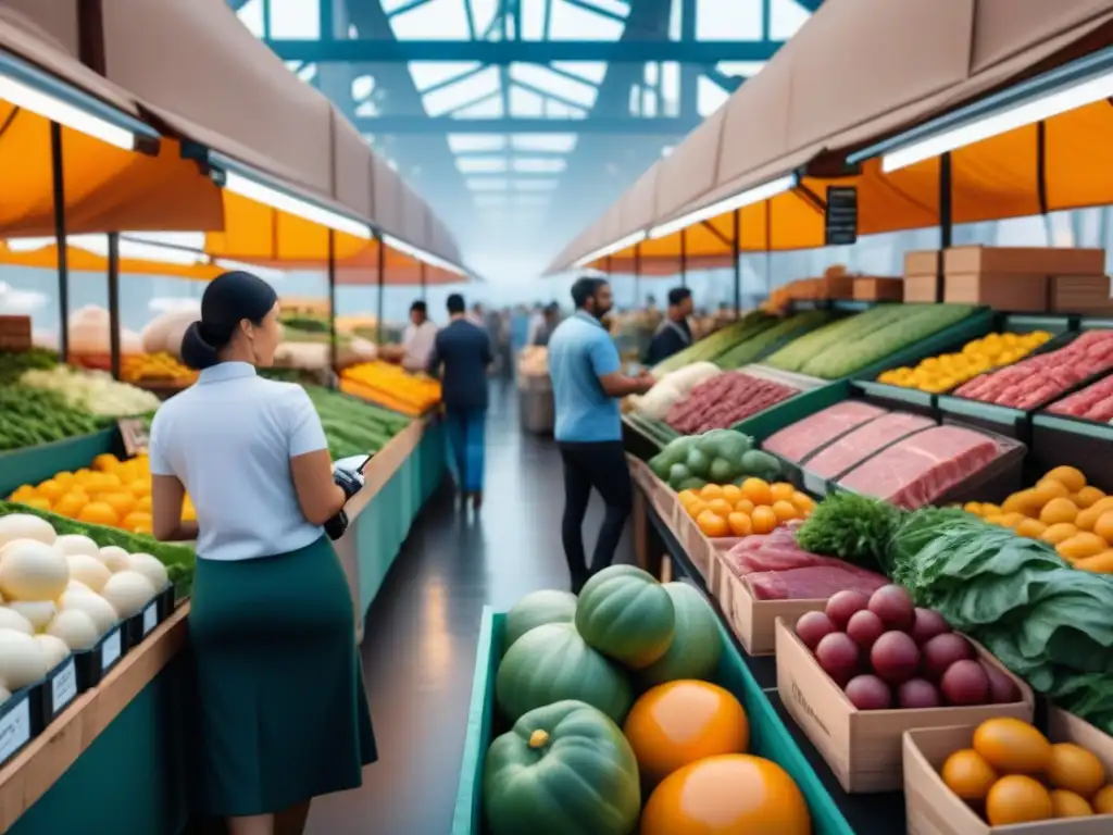 Mercado agrícola blockchain: transparencia y frescura Colorido mercado agrícola con códigos QR blockchain en logística de alimentos, fusionando tecnología y tradición