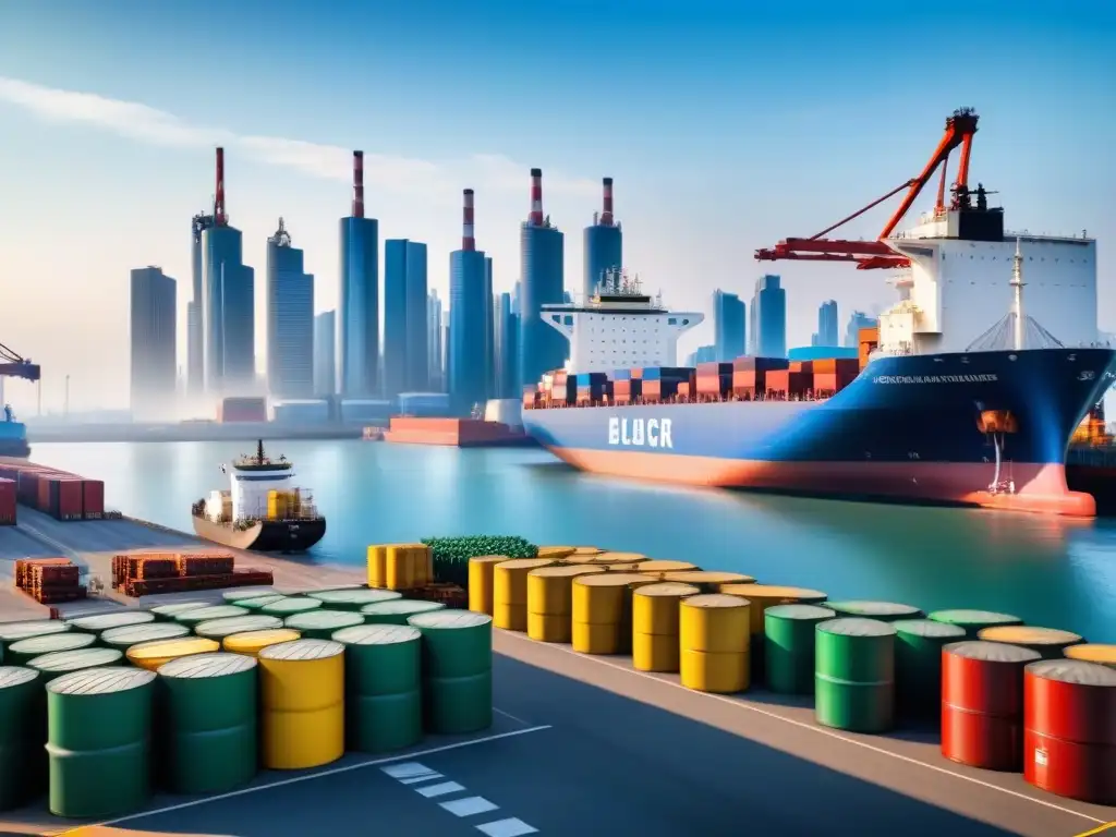 Puerto industrial ecoeficiente: carga de biofueles y supervisión experta Innovación en combustibles alternativos logística: Puerto industrial con cargueros de biocombustible y trabajadores supervisando