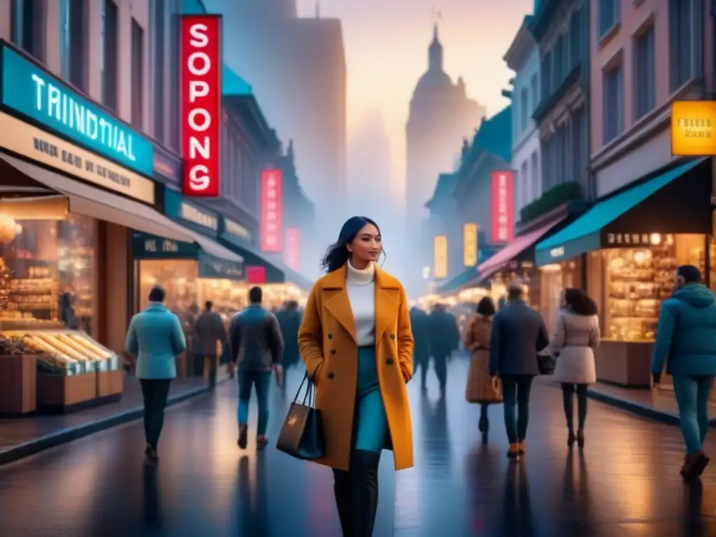 Escena urbana: compras personalizadas y AI en acción Intersección de compras personalizadas y IA en una calle urbana vibrante con tiendas y cafés