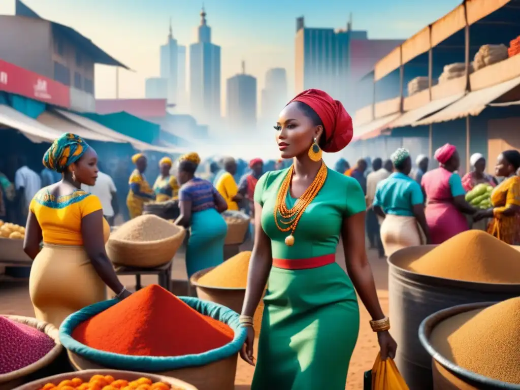 Mercado animado en ciudad africana: diversidad y comercio bajo el sol Un concurrido mercado en una ciudad africana, con una vibrante escena de logística innovadora en África