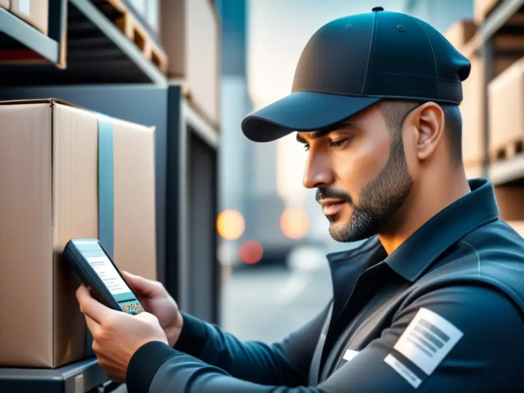 Avance tecnológico: precisión del escaneo en transporte de paquetes Un conductor de camión escaneando un paquete con dispositivo de alta tecnología