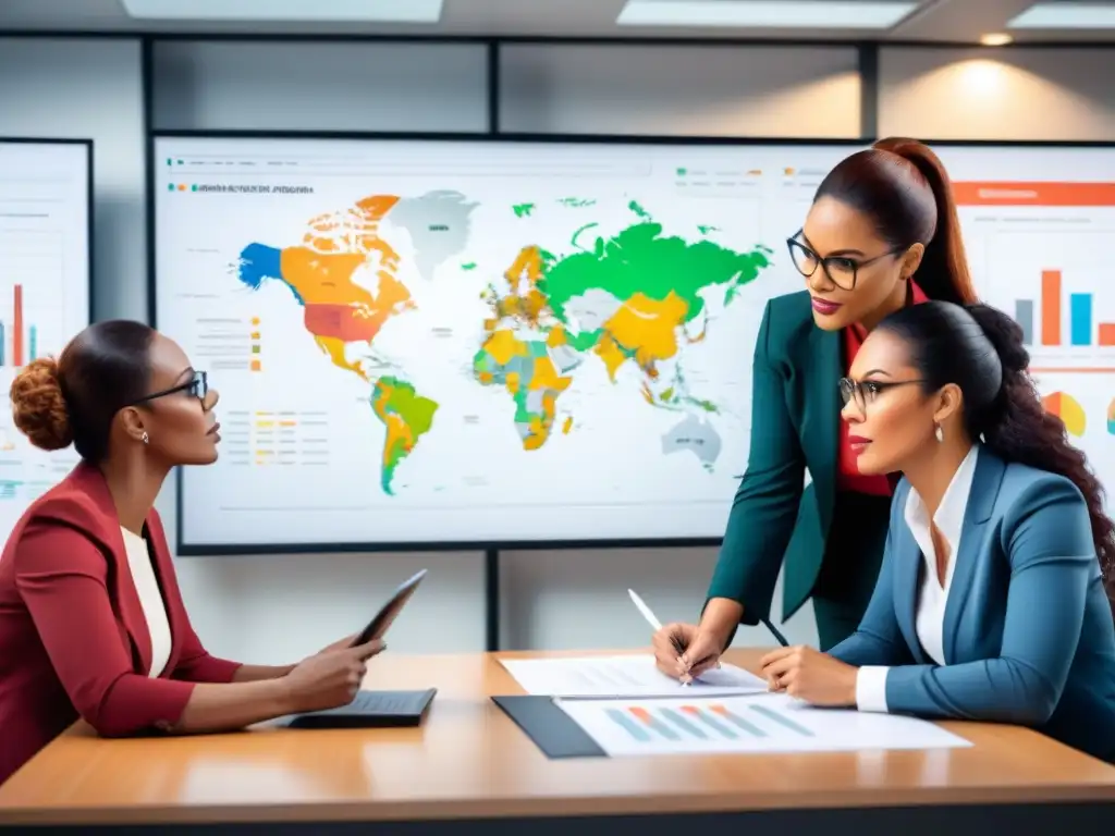 Consultora logística experta guía a clientes con interés Una consultora en logística personalizada discute datos con clientes en una oficina moderna
