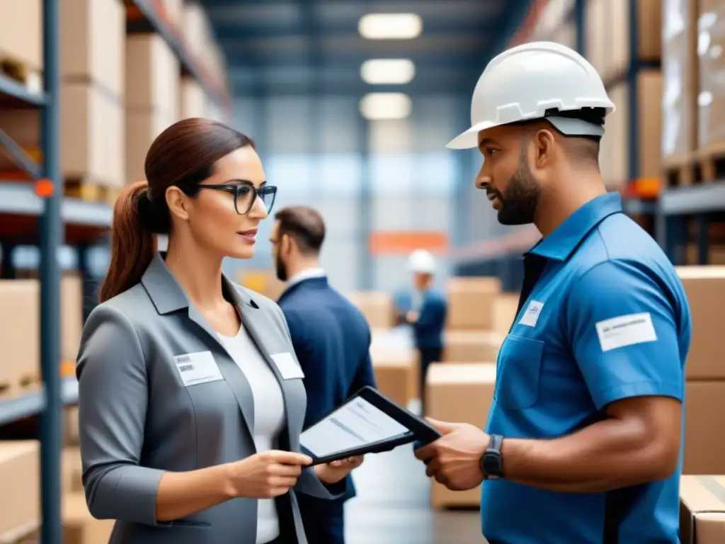 Consultores logísticos optimizando procesos en almacén Consultores en logística personalizada organizan eficientemente un almacén ocupado, optimizando procesos