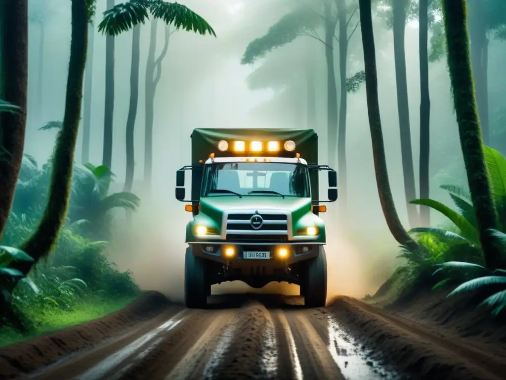 Conquista en la Jungla: Innovación en Acción Un convoy de todoterrenos avanza por la jungla con la frase 'Innovación en Acción'