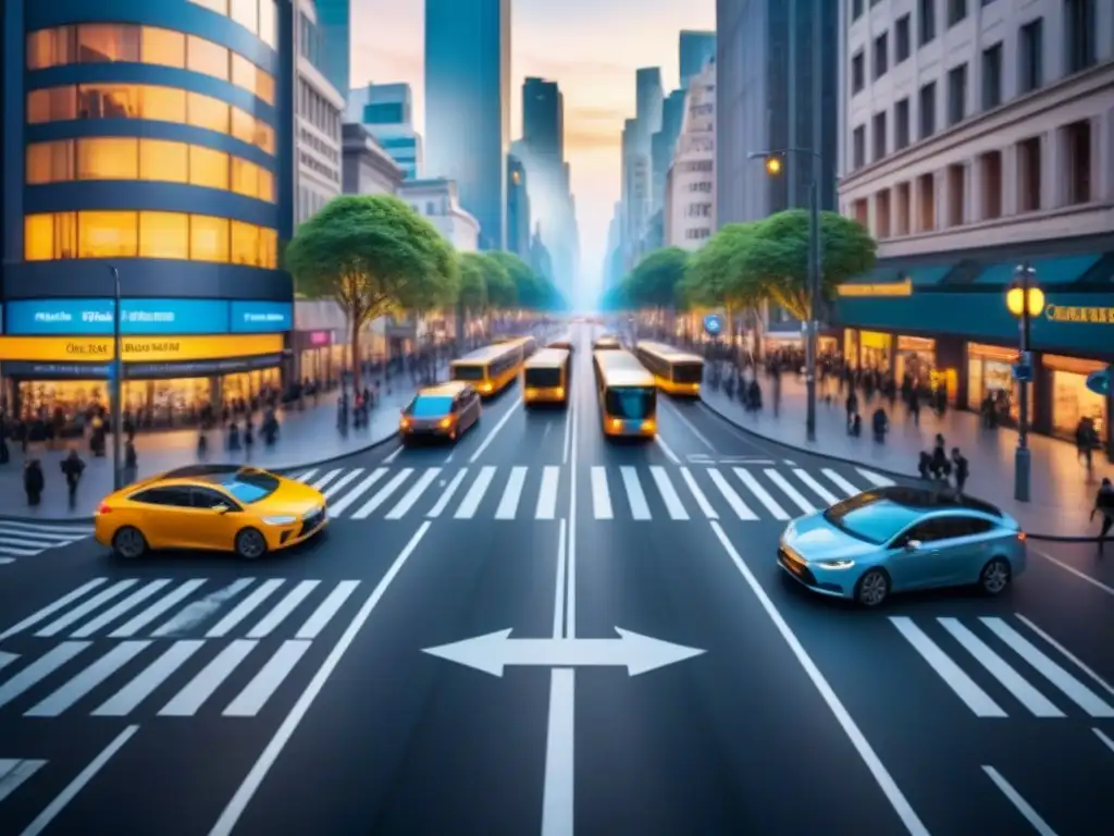 Intersección urbana caótica: desafíos y soluciones de transporte multimodal Un cruce de ciudad bullicioso desde arriba, con autos, buses, bicicletas y peatones en distintas direcciones