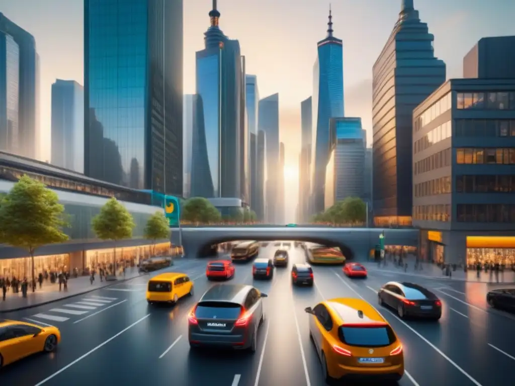 Intersección urbana futurista: transporte multimodal en armonía Un cruce urbano bullicioso desde las alturas, con diversos medios de transporte en armonía y tendencias tecnologías transporte multimodal