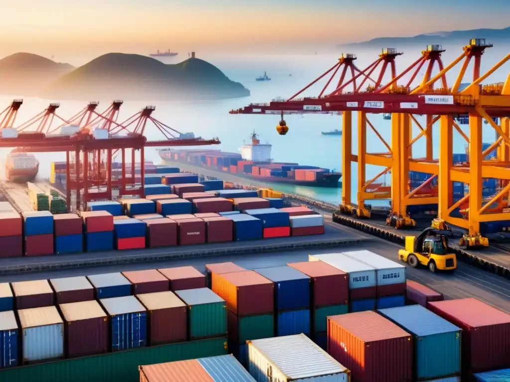 Zona de libre comercio: logística global en acción Una descripción visualmente impactante de una Zona Franca para Importación/Exportación, con operaciones logísticas globales en pleno auge