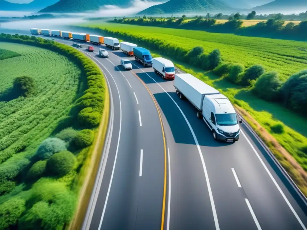 Flota vehicular en movimiento: eficiencia de sistemas de gestión de flotas Un desfile de vehículos en una autopista, rodeados de paisajes verdes, bajo un cielo azul, con íconos de seguimiento GPS