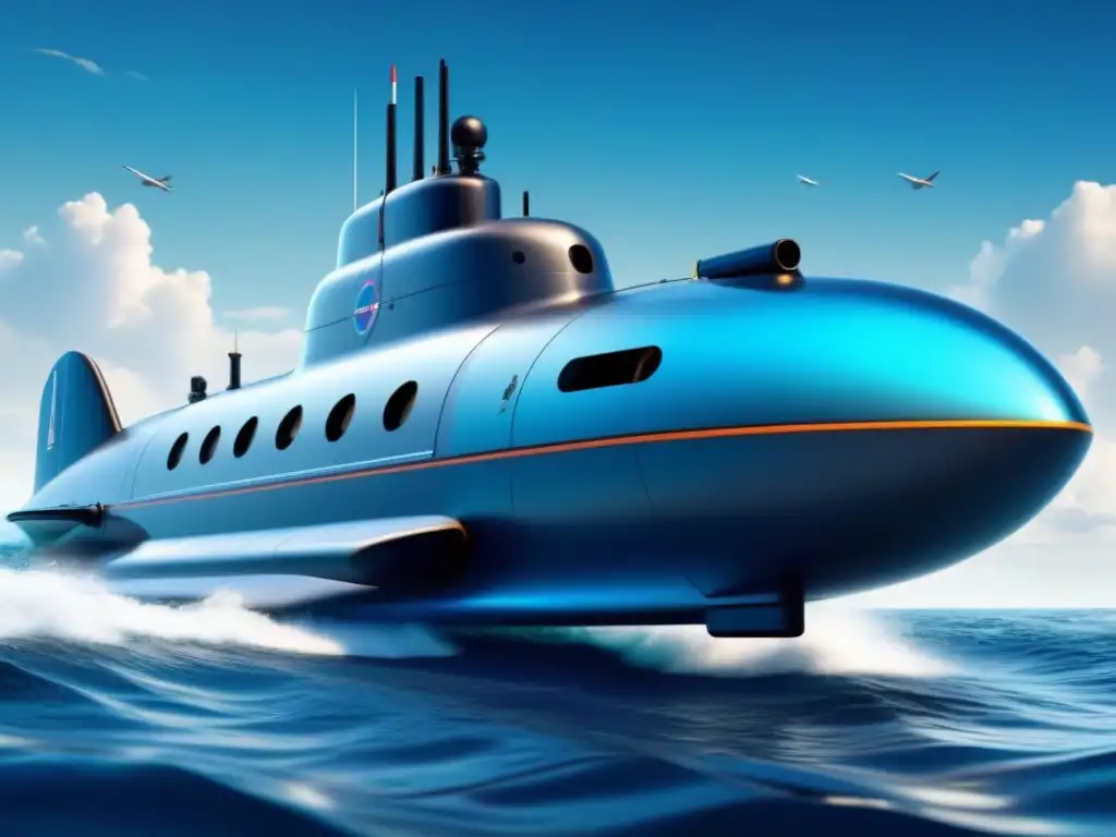 Submarino innovador: diseño de vanguardia y tecnología avanzada en acción Ilustración detallada de un submarino futurista surcando aguas azules
