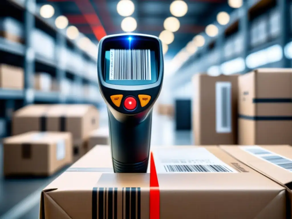 Escáner láser de códigos de barras en acción: tecnología futurista Detalle de escáner de códigos de barras en acción, iluminando un código en empaque