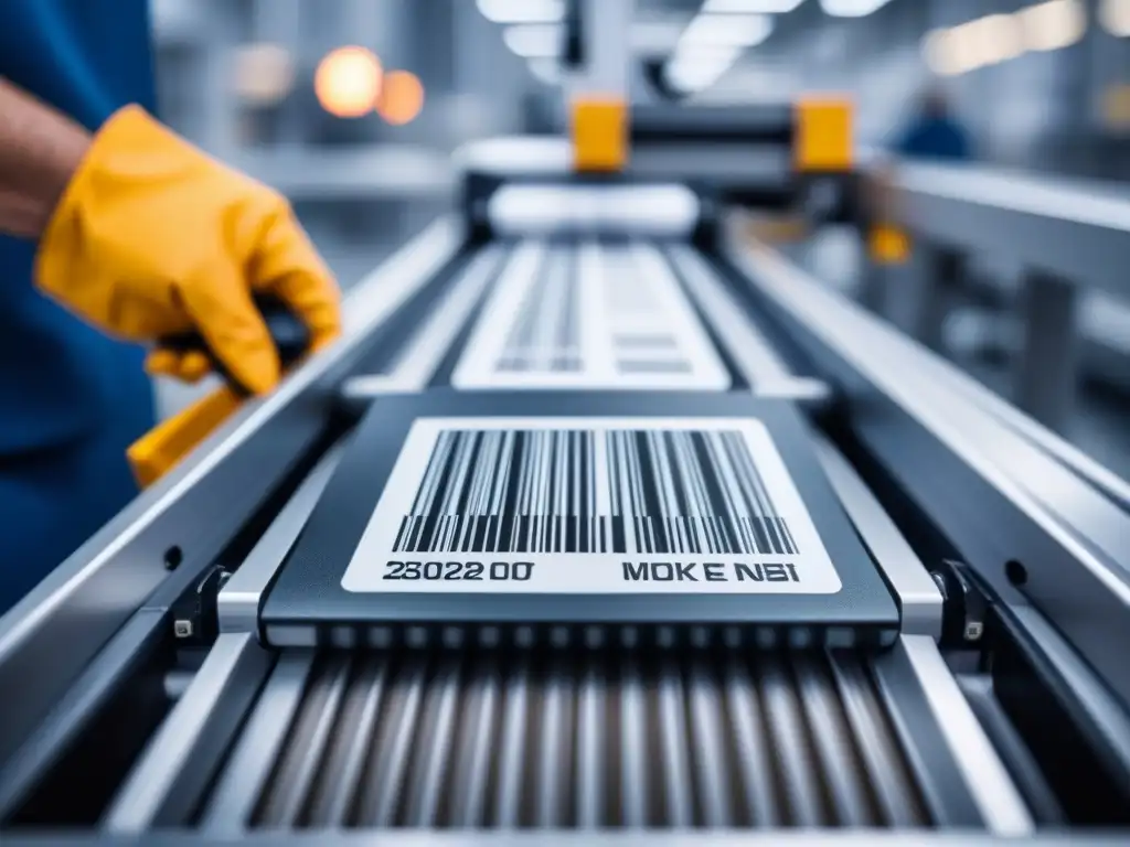 Escaneo de código de barras en línea de producción moderna Detalle de escaneo de código de barras en línea de producción moderna, resaltando transparencia y tecnología en trazabilidad productos en tiempo real