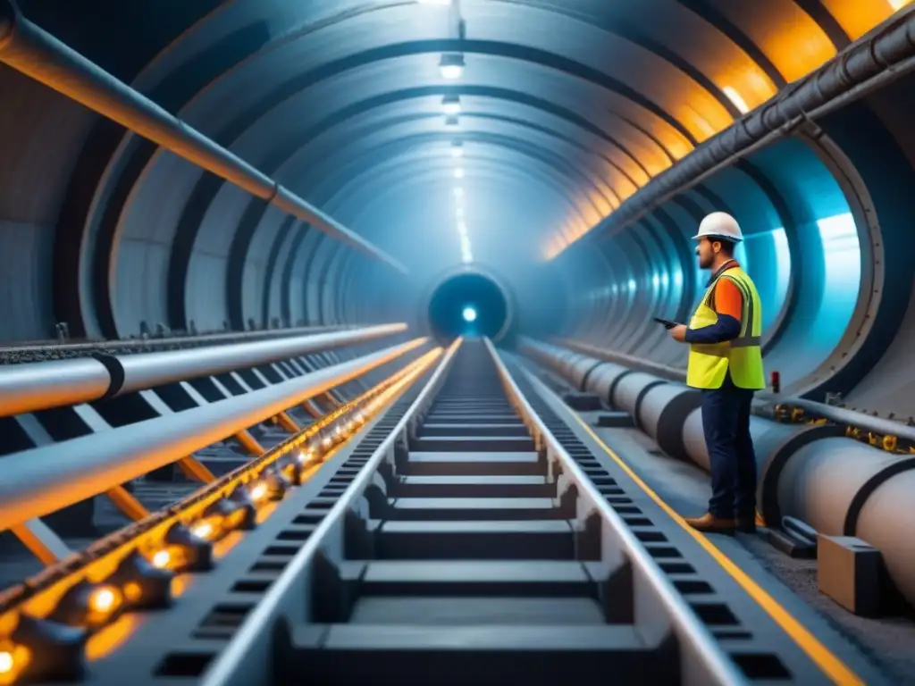 Diagrama detallado de construcción de túnel submarino Detalle ilustrado de la construcción de túneles submarinos en logística, con trabajadores, maquinaria y materiales