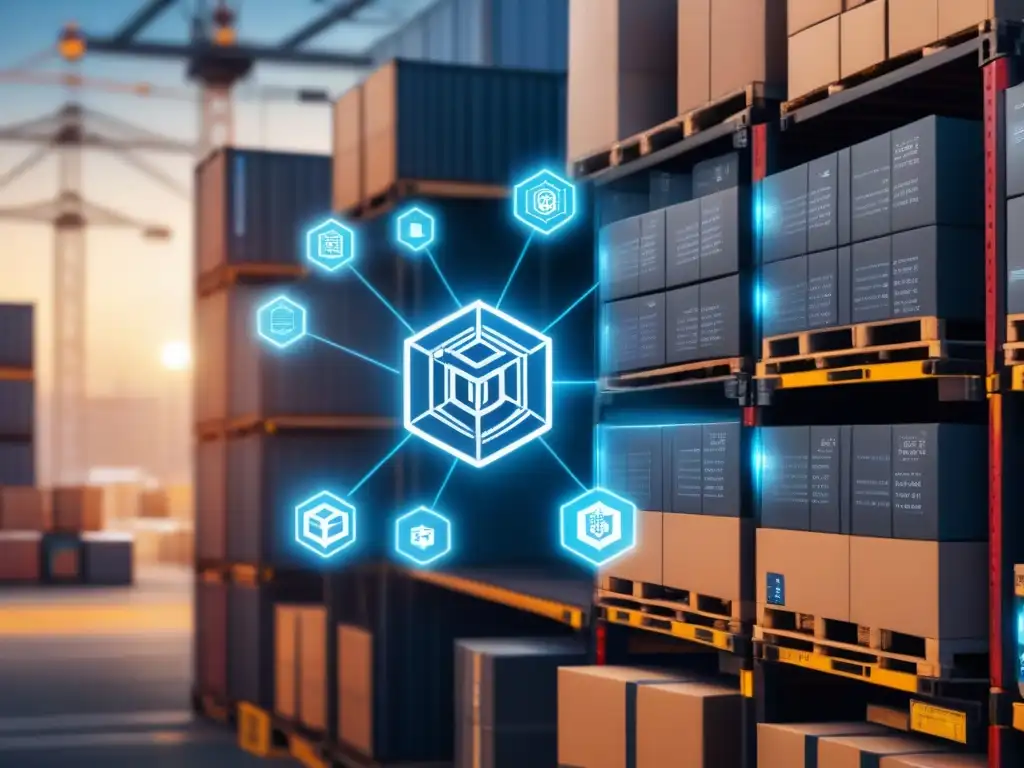 Detalle de red blockchain sobre plano de almacén, conectando gestión logística