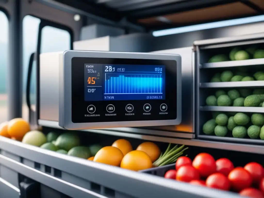 Sensor de temperatura digital en camión refrigerado con productos frescos Detalle de sensor de temperatura digital en camión refrigerado con productos perecederos