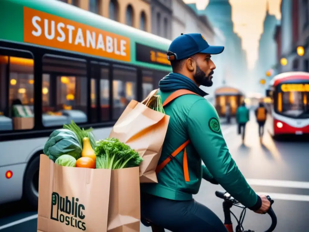 Logística sostenible en la ciudad: eco-transporte y consumo responsable Un día en la ciudad con empaquetado sostenible en logística: peatones, ciclista y bus ecofriendly