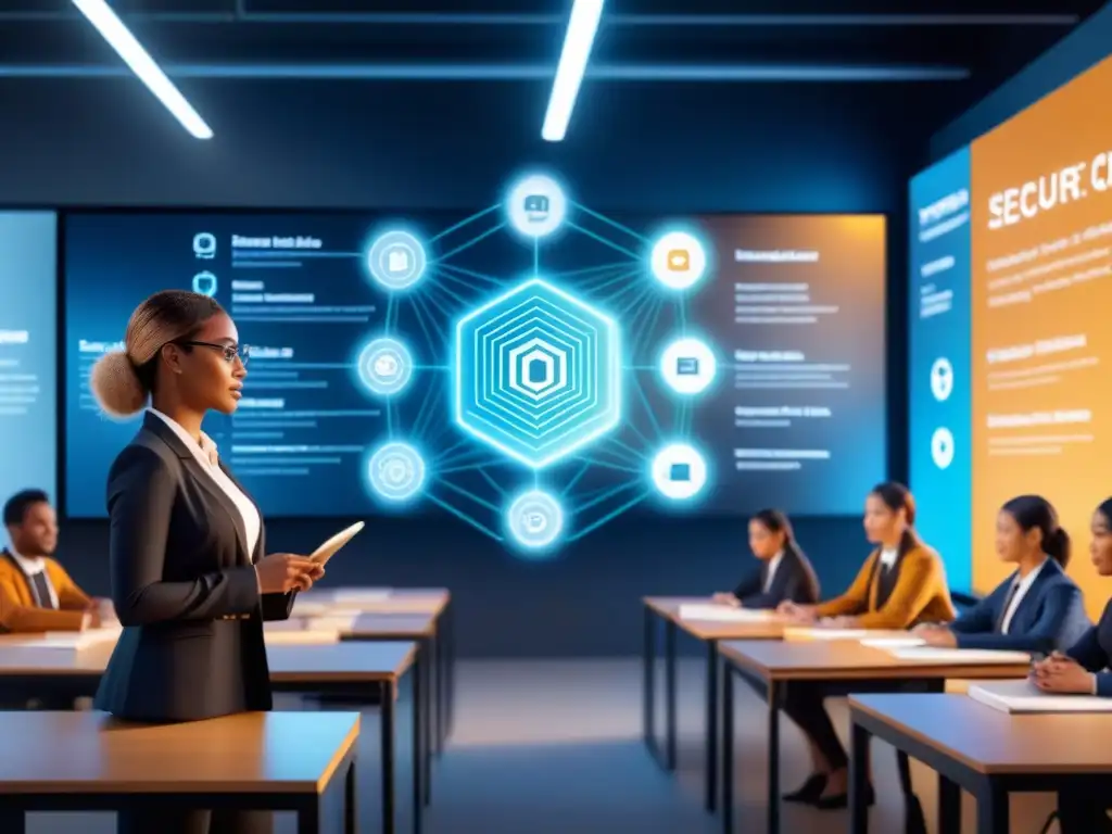 Blockchain en educación logística: fusión tecnológica Diagrama de red blockchain en aula digital futurista: Tecnología blockchain en educación logística