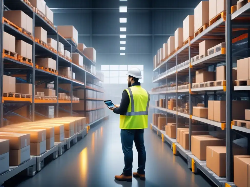 Almacén inteligente: eficiencia y tecnología Transformación digital en almacenes: Moderno almacén con robots, empleados y tecnología eficiente, iluminado por luces LED